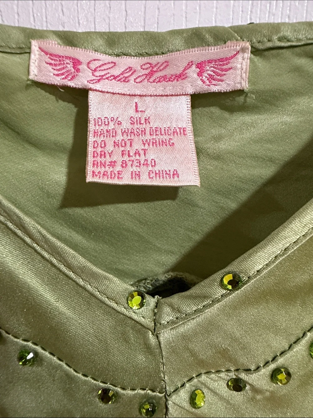 Vintage Gold Hawk Y2K Lime Green 100% Silk Beaded Cami Top - L_4